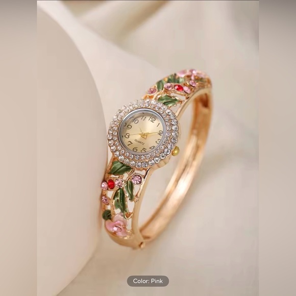 Floral Gold-Tone Bangle Quartz Watch with Rhinestones - Picture 2 of 3